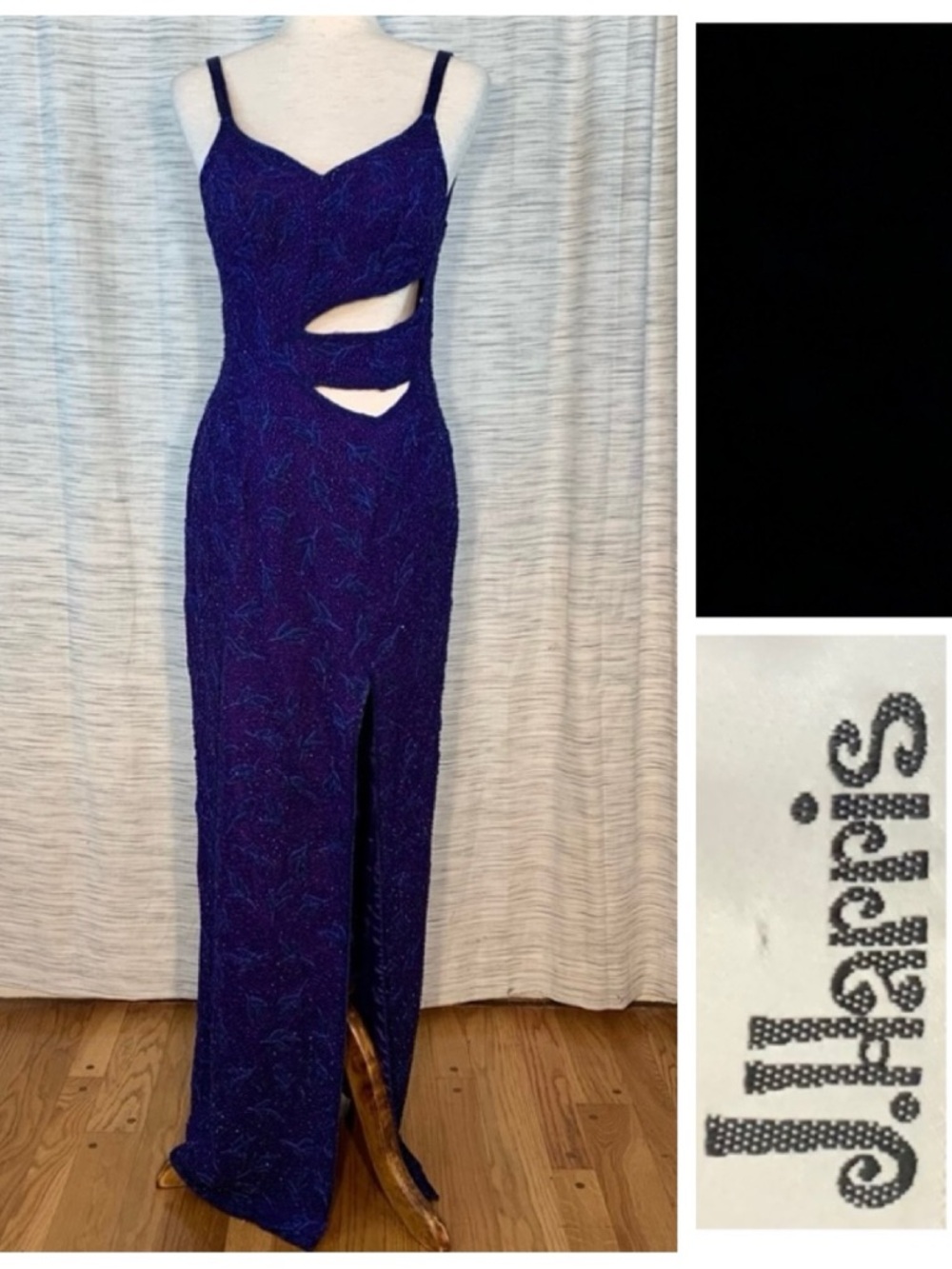 J. Harris Blue with Blue Floral Beaded Cutout Evening Gown.